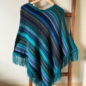 🇵🇪 Peruvian Striped Fringe Poncho in Blue and Green 🇵🇪